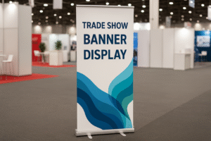 Retractable banner stand display at trade show